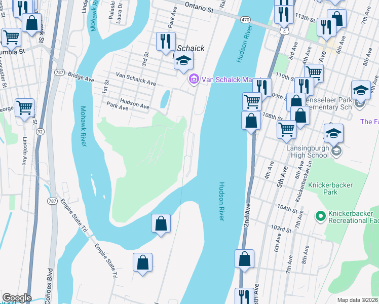 map of restaurants, bars, coffee shops, grocery stores, and more near 5207 Admiral's Walk Drive in Cohoes