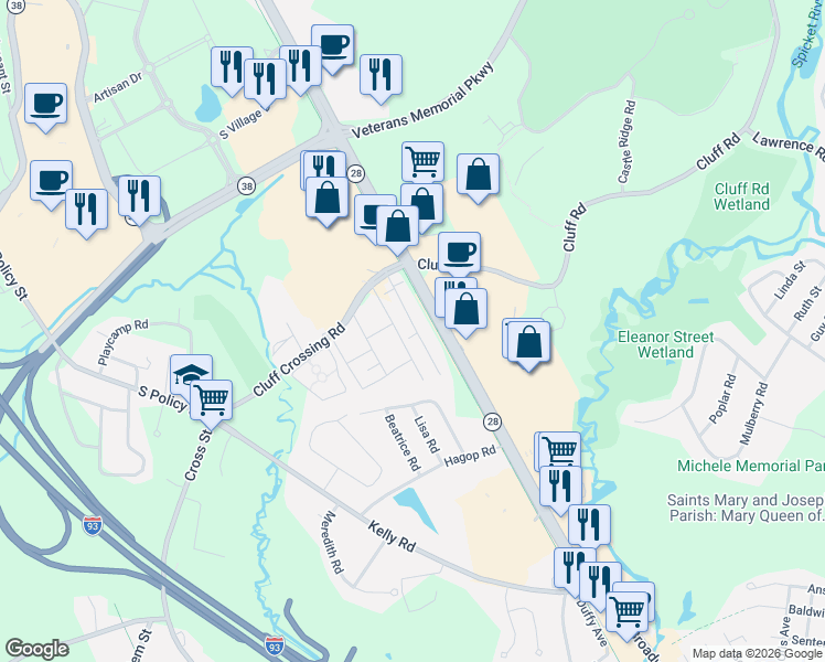map of restaurants, bars, coffee shops, grocery stores, and more near 9 Tiffany Road in Salem