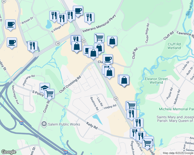 map of restaurants, bars, coffee shops, grocery stores, and more near 9 Tiffany Road in Salem