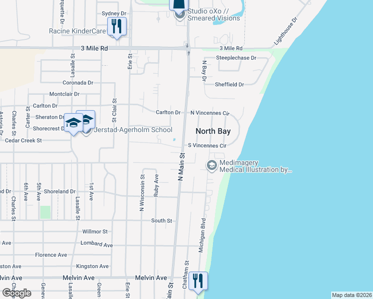 map of restaurants, bars, coffee shops, grocery stores, and more near 305 South Vincennes Circle in Racine