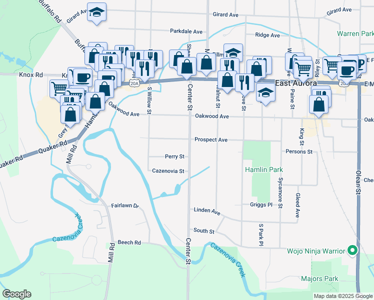 map of restaurants, bars, coffee shops, grocery stores, and more near 165 Center Street in East Aurora