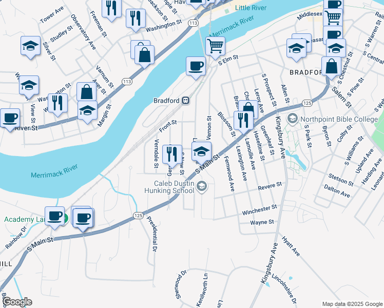 map of restaurants, bars, coffee shops, grocery stores, and more near 20 Laurel Avenue in Haverhill