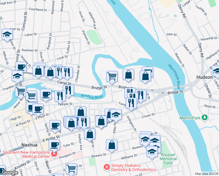 map of restaurants, bars, coffee shops, grocery stores, and more near 5 Amory Street in Nashua