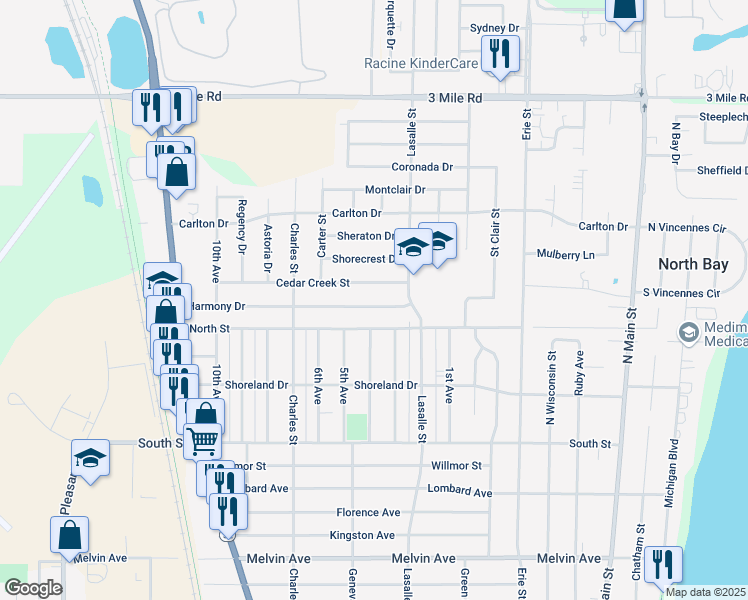 map of restaurants, bars, coffee shops, grocery stores, and more near 1104 Harmony Drive in Racine