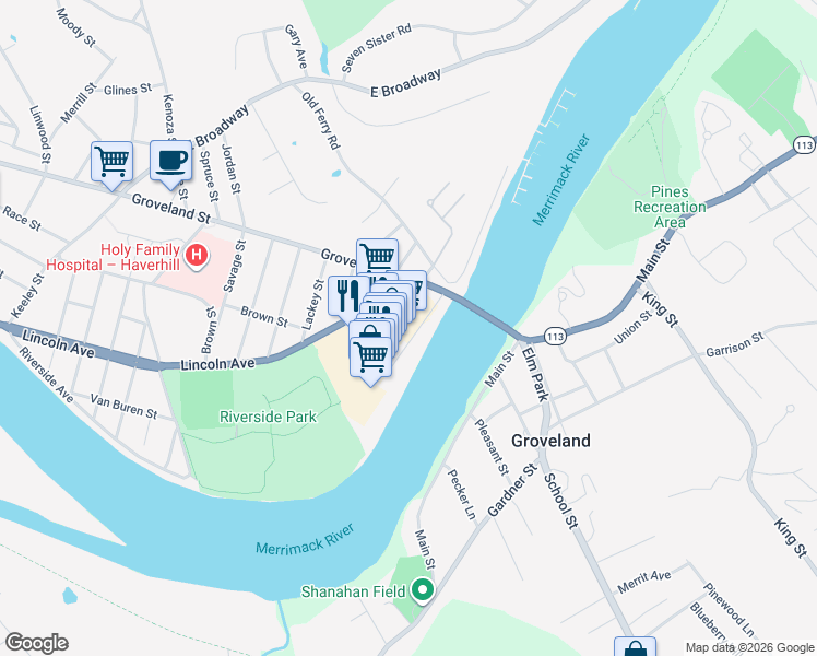 map of restaurants, bars, coffee shops, grocery stores, and more near 285 Lincoln Avenue in Haverhill
