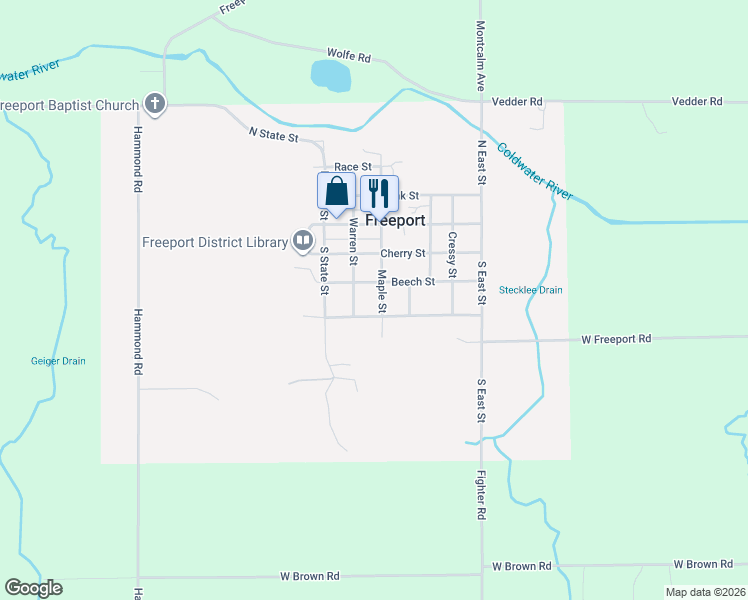 map of restaurants, bars, coffee shops, grocery stores, and more near 232 North Maple Street in Freeport