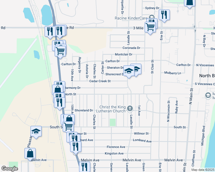 map of restaurants, bars, coffee shops, grocery stores, and more near 1212 Harmony Drive in Racine