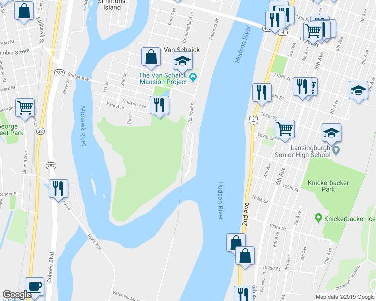 map of restaurants, bars, coffee shops, grocery stores, and more near 5206 Admiral's Walk Drive in Cohoes