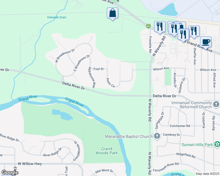 map of restaurants, bars, coffee shops, grocery stores, and more near 3003 Pinto Circle in Lansing