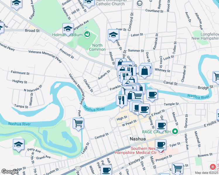 map of restaurants, bars, coffee shops, grocery stores, and more near 43 Franklin Street in Nashua