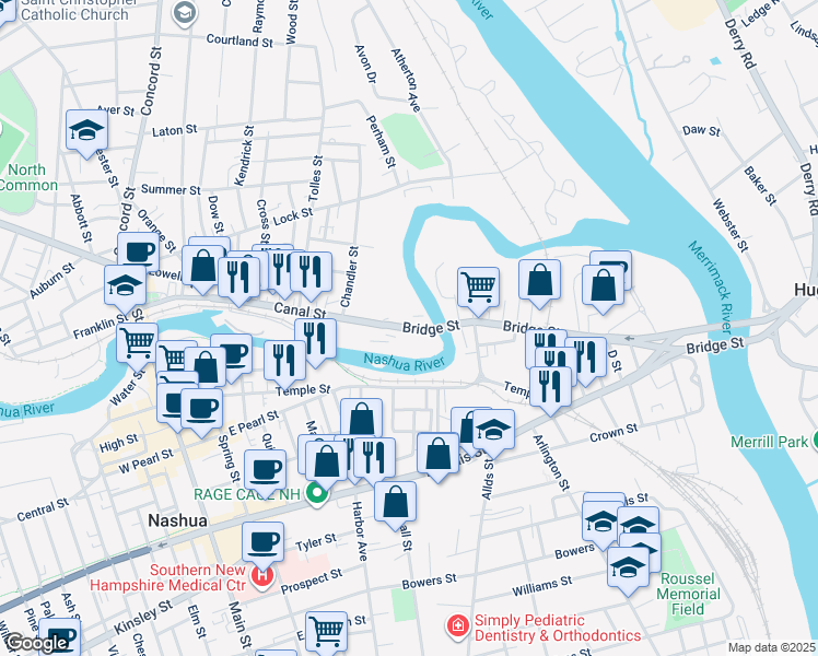 map of restaurants, bars, coffee shops, grocery stores, and more near 141 Bridge Street in Nashua