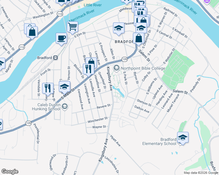 map of restaurants, bars, coffee shops, grocery stores, and more near 1 South Maple Avenue in Haverhill
