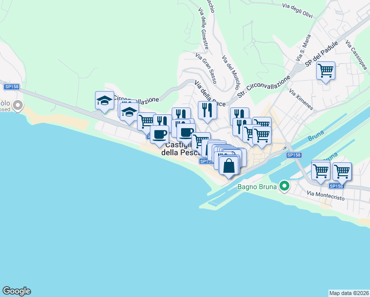 map of restaurants, bars, coffee shops, grocery stores, and more near in Castiglione della Pescaia