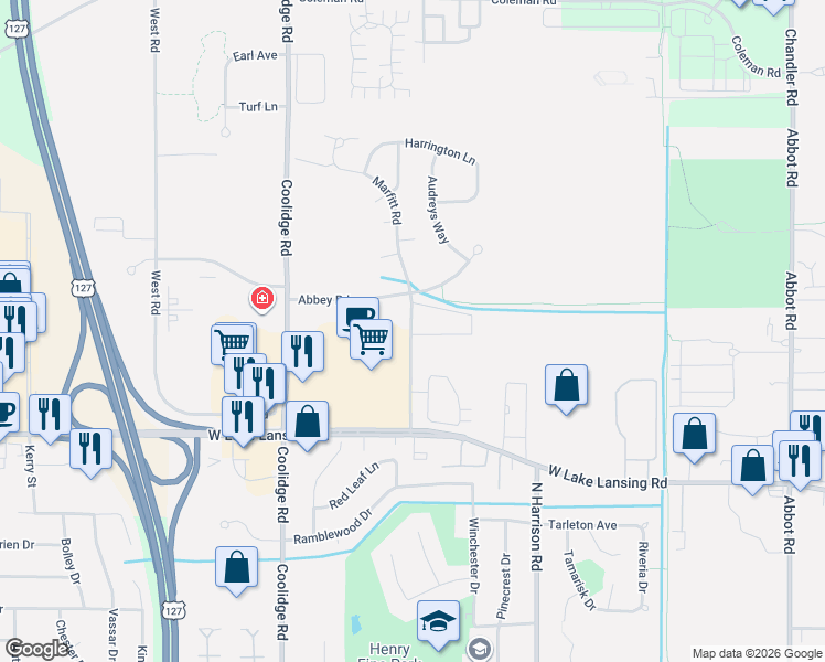 map of restaurants, bars, coffee shops, grocery stores, and more near 2610 Marfitt Road in East Lansing