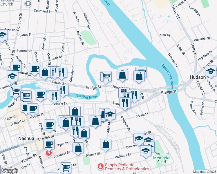 map of restaurants, bars, coffee shops, grocery stores, and more near 19 Bridge Street in Nashua