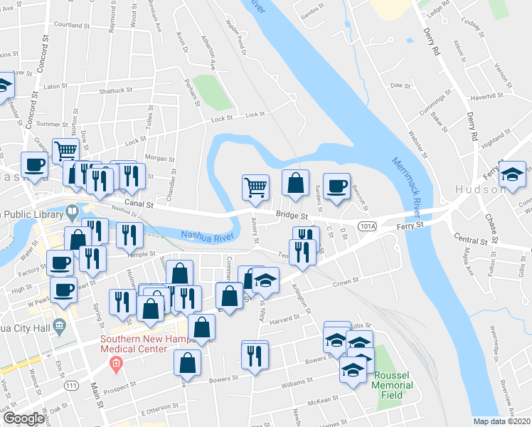 map of restaurants, bars, coffee shops, grocery stores, and more near 19 Bridge Street in Nashua