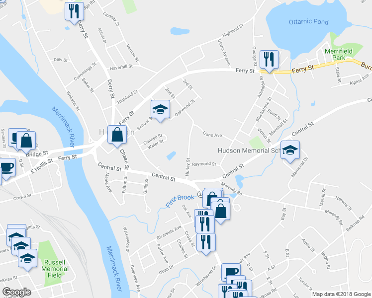 map of restaurants, bars, coffee shops, grocery stores, and more near 22 Hurley Street in Hudson