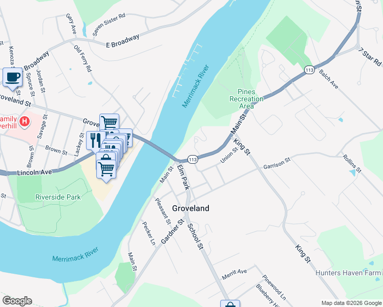 map of restaurants, bars, coffee shops, grocery stores, and more near 282 Main Street in Groveland