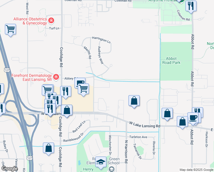 map of restaurants, bars, coffee shops, grocery stores, and more near 2630 Marfitt Road in East Lansing