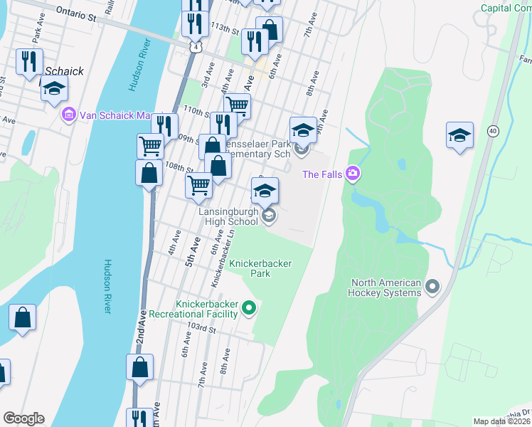 map of restaurants, bars, coffee shops, grocery stores, and more near 320 7th Avenue in Troy