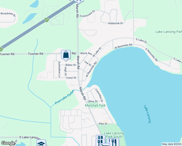 map of restaurants, bars, coffee shops, grocery stores, and more near 6240 West Reynolds Road in Meridian charter Township