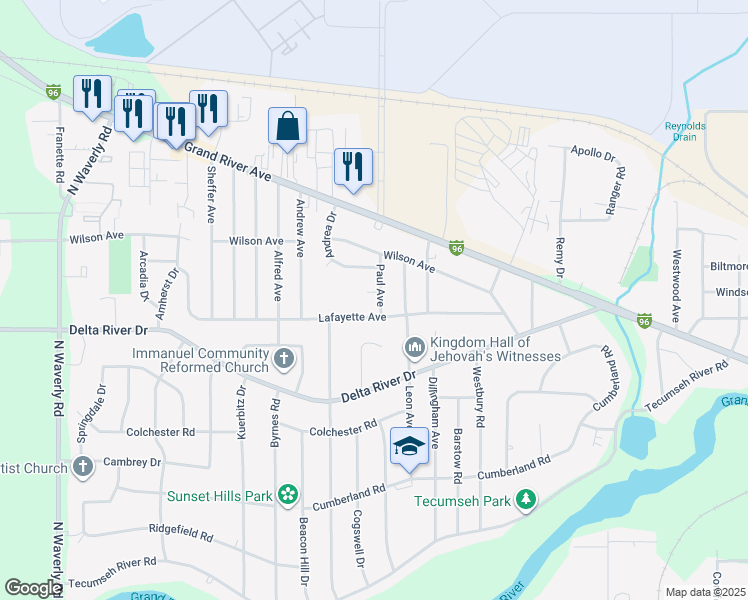 map of restaurants, bars, coffee shops, grocery stores, and more near 2910 Lafayette Avenue in Lansing