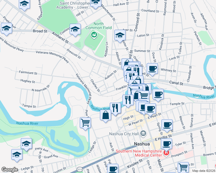 map of restaurants, bars, coffee shops, grocery stores, and more near 7 Winter Street in Nashua