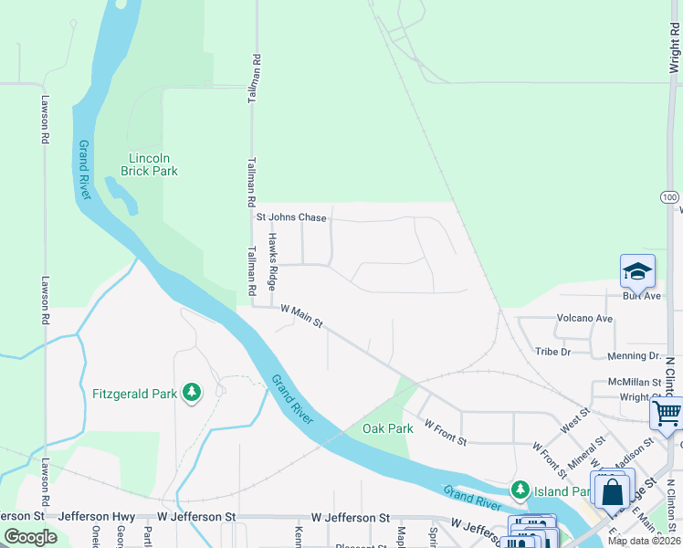 map of restaurants, bars, coffee shops, grocery stores, and more near 964 Bolton Farms Lane in Grand Ledge