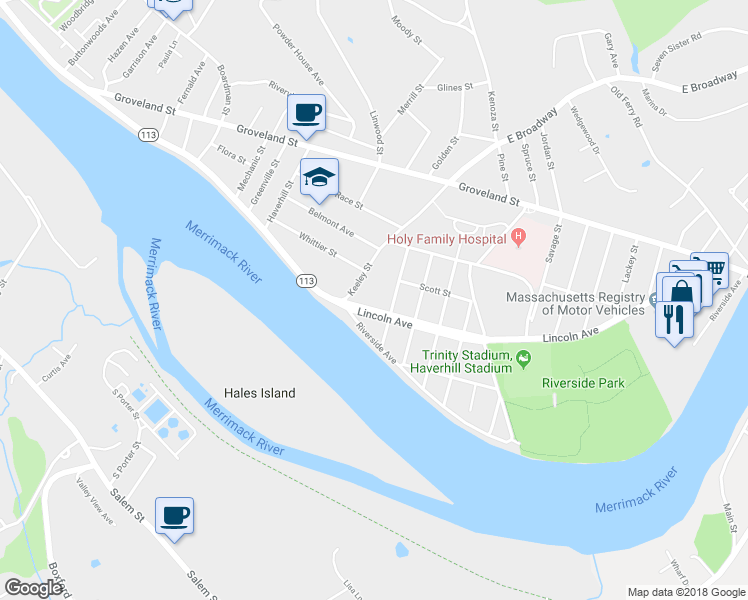 map of restaurants, bars, coffee shops, grocery stores, and more near 10 Lincoln Avenue in Haverhill