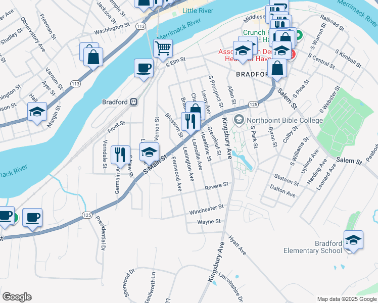 map of restaurants, bars, coffee shops, grocery stores, and more near 10 Lexington Avenue in Haverhill