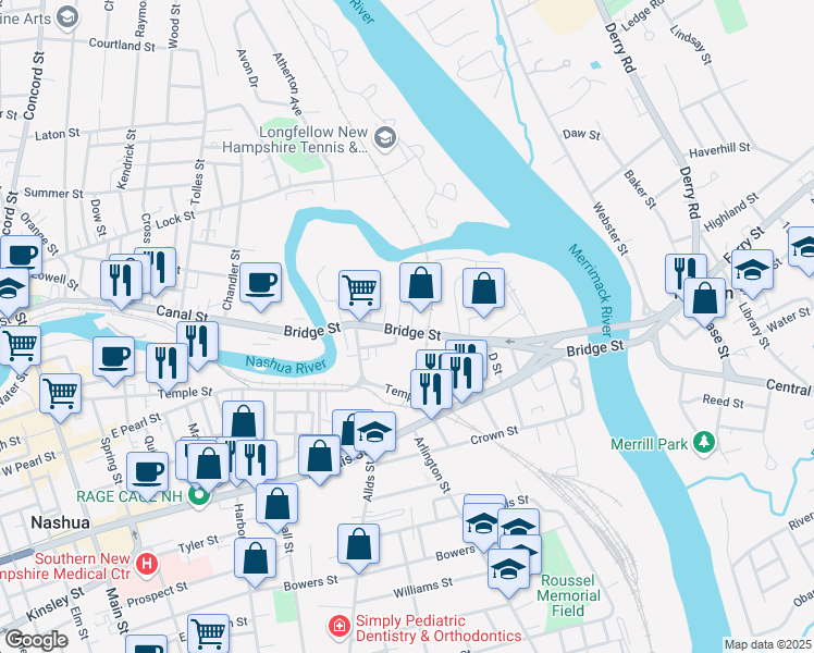 map of restaurants, bars, coffee shops, grocery stores, and more near 1 Jackson Street in Nashua