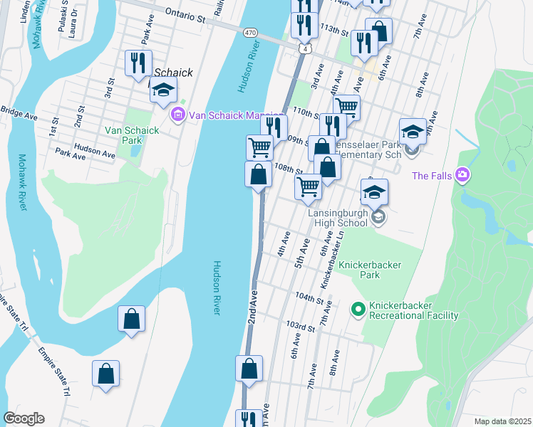 map of restaurants, bars, coffee shops, grocery stores, and more near in Troy
