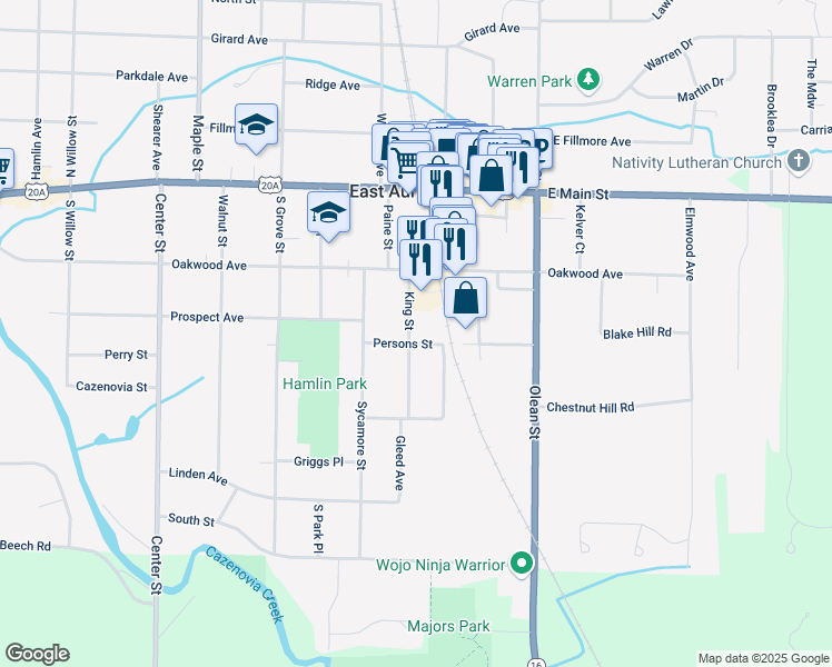 map of restaurants, bars, coffee shops, grocery stores, and more near 613 Persons Street in East Aurora