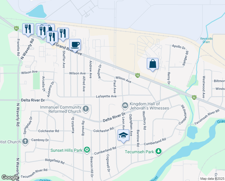 map of restaurants, bars, coffee shops, grocery stores, and more near 2910 Lafayette Avenue in Lansing
