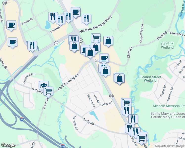 map of restaurants, bars, coffee shops, grocery stores, and more near 9 Tiffany Road in Salem