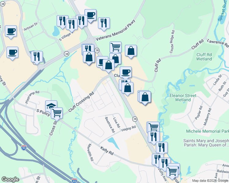 map of restaurants, bars, coffee shops, grocery stores, and more near 9 Tiffany Road in Salem