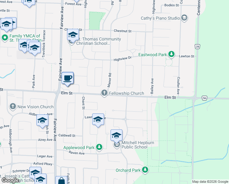 map of restaurants, bars, coffee shops, grocery stores, and more near 654 Elm Street in St. Thomas