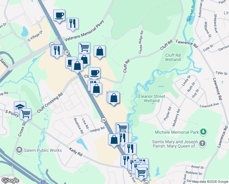 map of restaurants, bars, coffee shops, grocery stores, and more near 59 Cluff Road in Salem