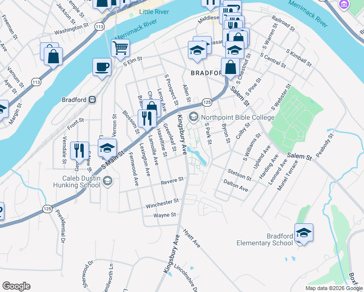 map of restaurants, bars, coffee shops, grocery stores, and more near 1 South Maple Avenue in Haverhill