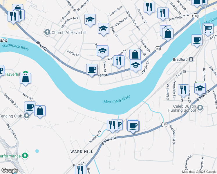 map of restaurants, bars, coffee shops, grocery stores, and more near 96 Margin Street in Haverhill