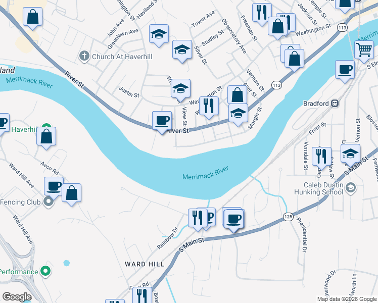 map of restaurants, bars, coffee shops, grocery stores, and more near 96 Margin Street in Haverhill