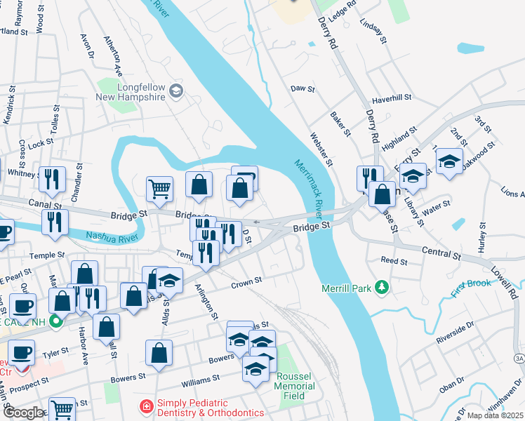 map of restaurants, bars, coffee shops, grocery stores, and more near in Nashua