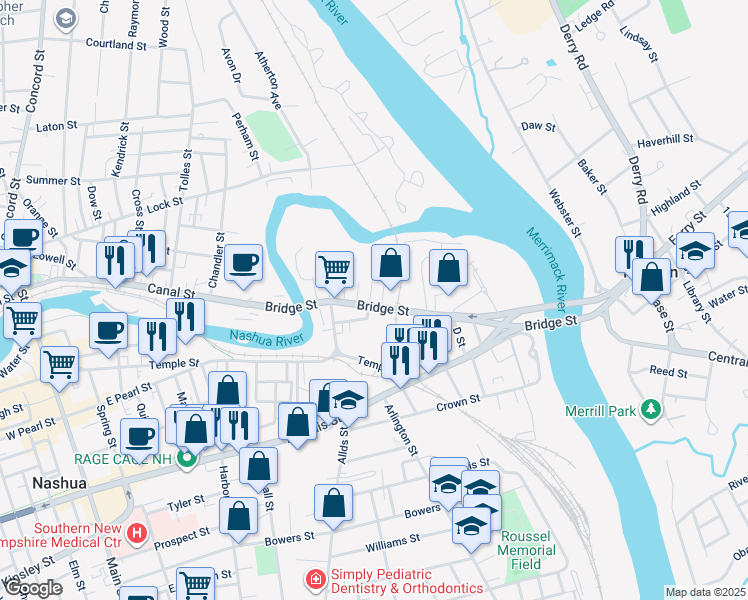 map of restaurants, bars, coffee shops, grocery stores, and more near 1 Jackson Street in Nashua