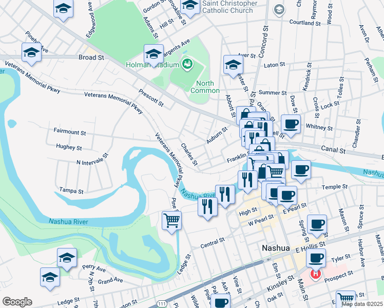map of restaurants, bars, coffee shops, grocery stores, and more near 5A Charles Street in Nashua