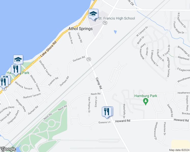 map of restaurants, bars, coffee shops, grocery stores, and more near 4480 Camp Road in Hamburg