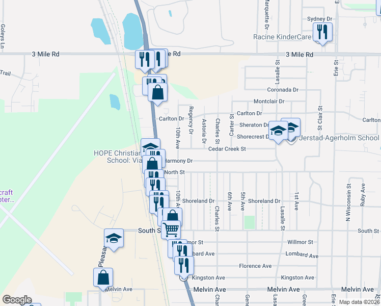map of restaurants, bars, coffee shops, grocery stores, and more near 1506 Harmony Drive in Racine