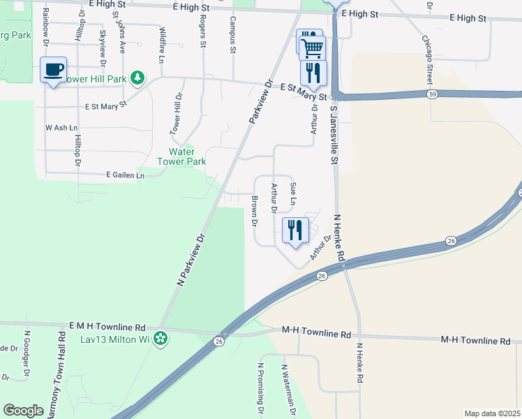 map of restaurants, bars, coffee shops, grocery stores, and more near 1141 Arthur Drive in Milton