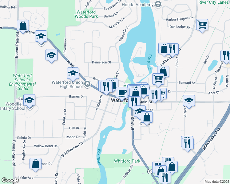 map of restaurants, bars, coffee shops, grocery stores, and more near in Waterford