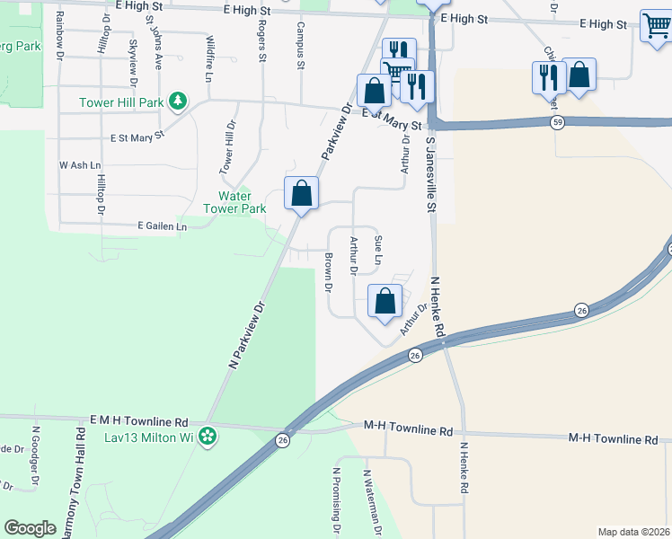 map of restaurants, bars, coffee shops, grocery stores, and more near 1141 Arthur Drive in Milton