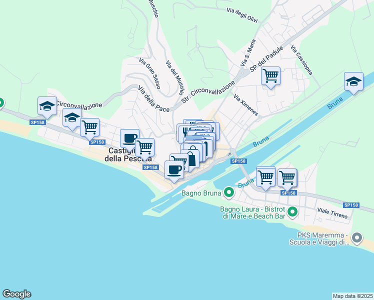 map of restaurants, bars, coffee shops, grocery stores, and more near 8 Via Ospedale in Castiglione della Pescaia